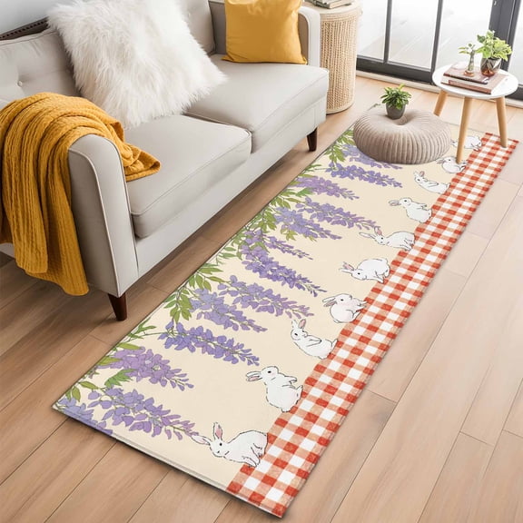 Runner Rugs 2x6 Ft, Purple Wisteria Non Slip Area Rugs for Kitchen Bedroom Entryway, Cute Rabbits Pastoral Farmhouse Plaid Washable Carpet Runner Rug Floor Mats for Bedroom Home Decor