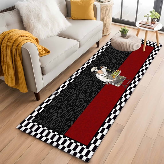 Runner Rugs 2x6 Ft, Red Black Chef Non Slip Area Rugs for Kitchen Bedroom Entryway, Cartoon Cute Watercolor Cooking Plaid Washable Carpet Runner Rug Floor Mats for Bedroom Home Decor