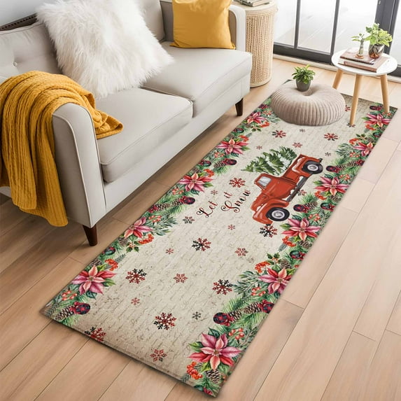 Runner Rugs 2x6 Ft, Red Christmas Non Slip Area Rugs for Kitchen Bedroom Entryway, Truck Xmas Tree Snowflake Winter Vintage Washable Carpet Runner Rug Floor Mats for Bedroom Home Decor