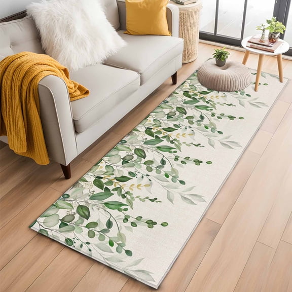 Runner Rugs 2x6 Ft, Sage Green Eucalyptus Non Slip Area Rugs for Kitchen Bedroom Entryway, Farmhouse Weeping Leaves Linen Washable Carpet Runner Rug Floor Mats for Bedroom Home Decor