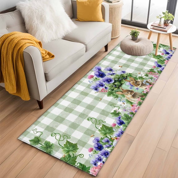 Runner Rugs 2x6 Ft, Spring Easter Non Slip Area Rugs for Kitchen Bedroom Entryway, Purple Floral Summer Botanical Green Plaid Washable Carpet Runner Rug Floor Mats for Bedroom Home Decor