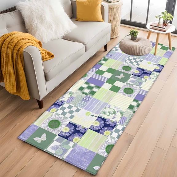 Runner Rugs 2x6 Ft, Spring Floral Checkered Non Slip Area Rugs for Kitchen Bedroom Entryway, Sage Green Purple Buffalo Plaid Washable Carpet Runner Rug Floor Mats for Bedroom Home Decor