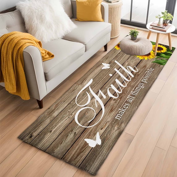 Runner Rugs 2x6 Ft, Spring Sunflowers Non Slip Area Rugs for Kitchen Bedroom Entryway, Country Farmhouse Brown Wooden Plank Washable Carpet Runner Rug Floor Mats for Bedroom Home Decor