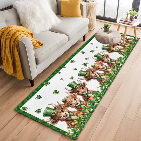 Runner Rugs 2x6 Ft, St. Patrick's Day Non Slip Area Rugs for Kitchen Bedroom Entryway, Cute Highland Cow Shamrock Gold Coin Green Washable Carpet Runner Rug Floor Mats for Bedroom Home Decor
