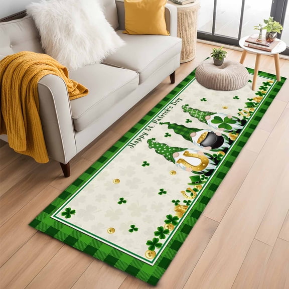 Runner Rugs 2x6 Ft, St. Patrick's Day Non Slip Area Rugs for Kitchen Bedroom Entryway, Gnomes Shamrock Gold Coin Green Plaid Washable Carpet Runner Rug Floor Mats for Bedroom Home Decor