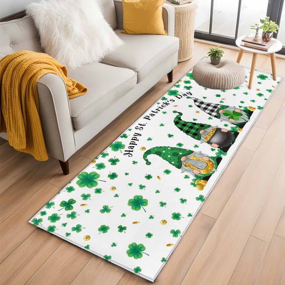 Runner Rugs 2x6 Ft, St. Patrick's Day Non Slip Area Rugs for Kitchen Bedroom Entryway, Green Gnomes Shamrock Gold Coin Plaid Washable Carpet Runner Rug Floor Mats for Bedroom Home Decor