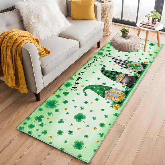 Runner Rugs 2x6 Ft, St. Patrick's Day Non Slip Area Rugs for Kitchen Bedroom Entryway, Ombre Green Gnomes Shamrock Gold Coin Plaid Washable Carpet Runner Rug Floor Mats for Bedroom Home Decor
