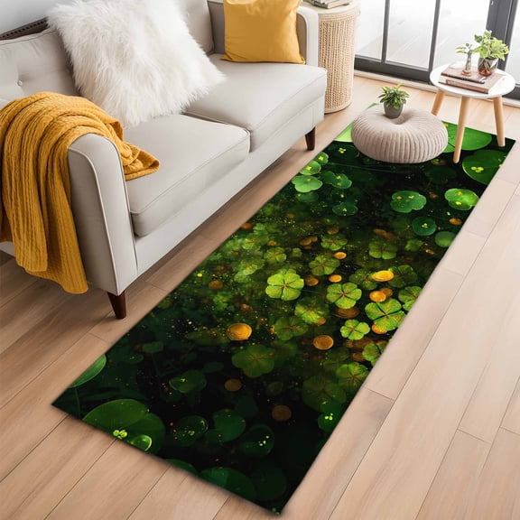 Runner Rugs 2x6 Ft, St. Patrick's Day Non Slip Area Rugs for Kitchen Bedroom Entryway, Spring Green Lucky Clovers Gold Coin Washable Carpet Runner Rug Floor Mats for Bedroom Home Decor