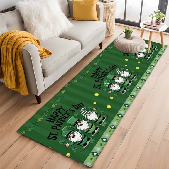 Runner Rugs 2x6 Ft, St Patricks Day Non Slip Area Rugs for Kitchen Bedroom Entryway, Gnomes Green Shamrock Spring Gold Coin Striped Washable Carpet Runner Rug Floor Mats for Bedroom Home Decor
