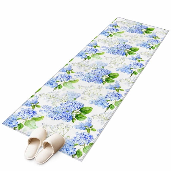 Runner Rugs 2x6 Ft, Summer Hydrangeas Non Slip Area Rugs for Kitchen Bedroom Entryway, White Blue Flowers Pastoral Leaves Washable Carpet Runner Rug Floor Mats for Bedroom Home Decor