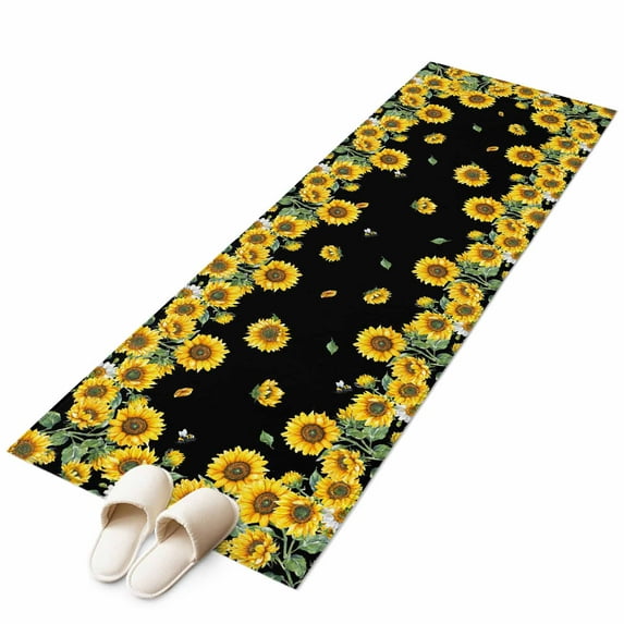 Runner Rugs 2x6 Ft, Sunflower Black Non Slip Area Rugs for Kitchen Bedroom Entryway, Watercolor Floral Vintage Farmhouse Washable Carpet Runner Rug Floor Mats for Bedroom Home Decor