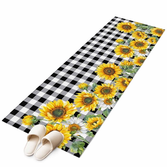 Runner Rugs 2x6 Ft, Sunflower Non Slip Area Rugs for Kitchen Bedroom Entryway, Black White Check Country Yellow Floral Washable Carpet Runner Rug Floor Mats for Bedroom Home Decor