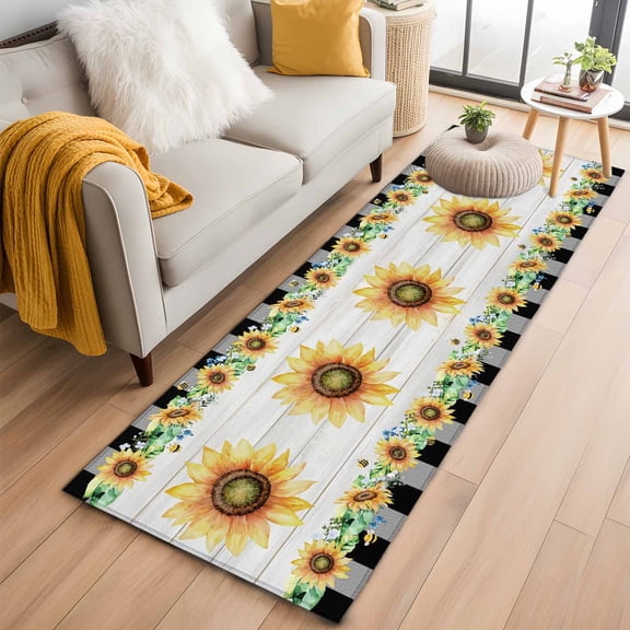 Runner Rugs 2x6 Ft, Sunflower Non Slip Area Rugs for Kitchen Bedroom Entryway, Yellow Floral Summer Botanical Wooden Checkered Washable Carpet Runner Rug Floor Mats for Bedroom Home Decor