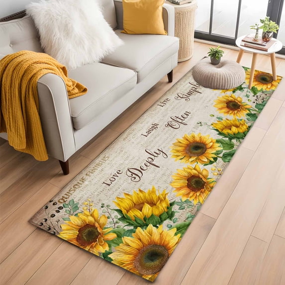 Runner Rugs 2x6 Ft, Sunflower Non Slip Area Rugs for Kitchen Bedroom Entryway, Yellow Floral Washable Carpet Runner Rug Floor Mats for Bedroom Home Decor