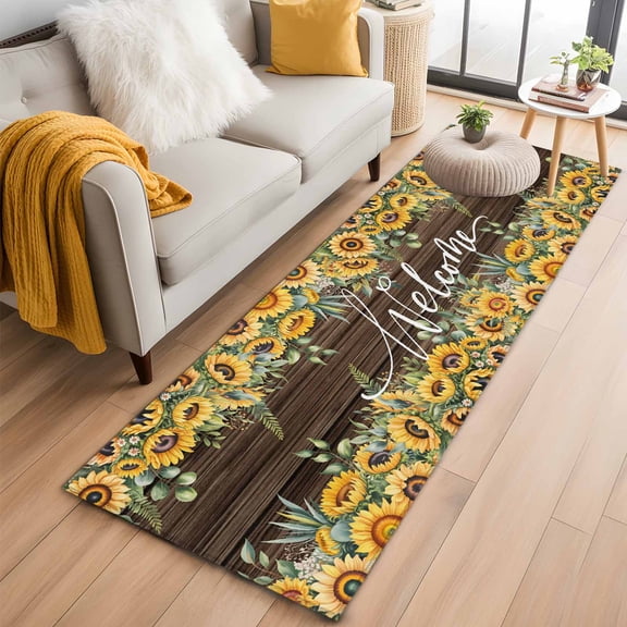 Runner Rugs 2x6 Ft, Sunflower Non Slip Area Rugs for Kitchen Bedroom Entryway, Yellow Summer Botanical Wooden Farmhouse Washable Carpet Runner Rug Floor Mats for Bedroom Home Decor