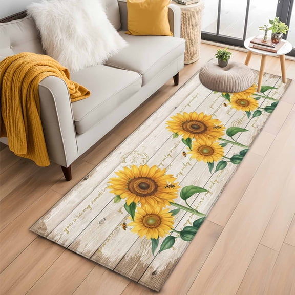 Runner Rugs 2x6 Ft, Sunflower Non Slip Area Rugs for Kitchen Bedroom Entryway, Yellow Summer Flowers Bee Botanical Wooden Washable Carpet Runner Rug Floor Mats for Bedroom Home Decor