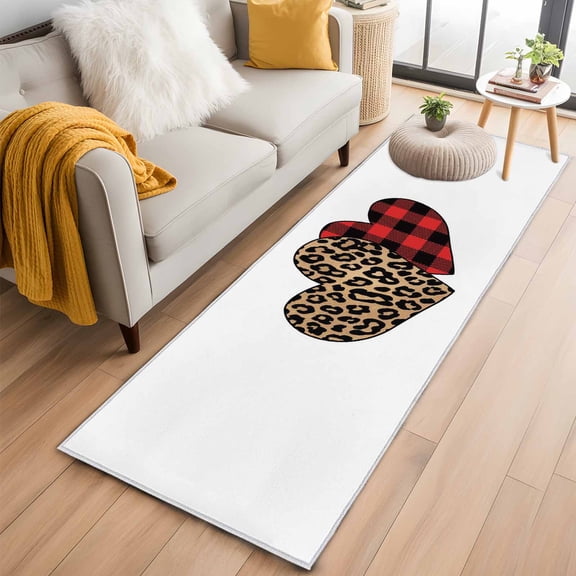 Runner Rugs 2x6 Ft, Valentine's Day Non Slip Area Rugs for Kitchen Bedroom Entryway, Loves Red Plaid Leopard Romantic Washable Carpet Runner Rug Floor Mats for Bedroom Home Decor