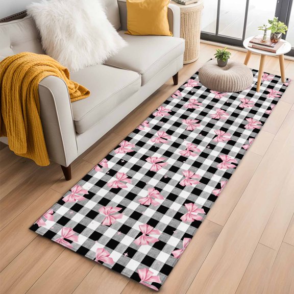 Runner Rugs 2x6 Ft, Valentine's Day Non Slip Area Rugs for Kitchen Bedroom Entryway, Pink Bows Shining Stars Farmhouse Plaid Washable Carpet Runner Rug Floor Mats for Bedroom Home Decor