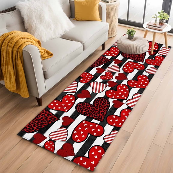 Runner Rugs 2x6 Ft, Valentines Day Non Slip Area Rugs for Kitchen Bedroom Entryway, Red Strip Leopard Love Hearts Romantic Washable Carpet Runner Rug Floor Mats for Bedroom Home Decor