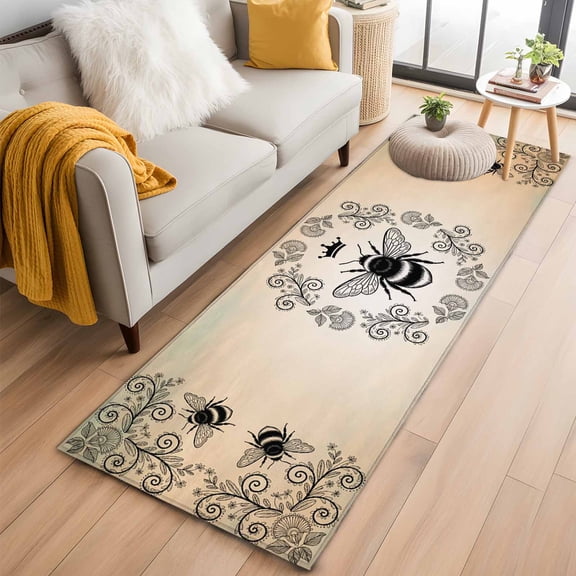 Runner Rugs 2x6 Ft, Vintage Bees Crowns Non Slip Area Rugs for Kitchen Bedroom Entryway, Rustic Leaves Rings Brown Gradient Washable Carpet Runner Rug Floor Mats for Bedroom Home Decor