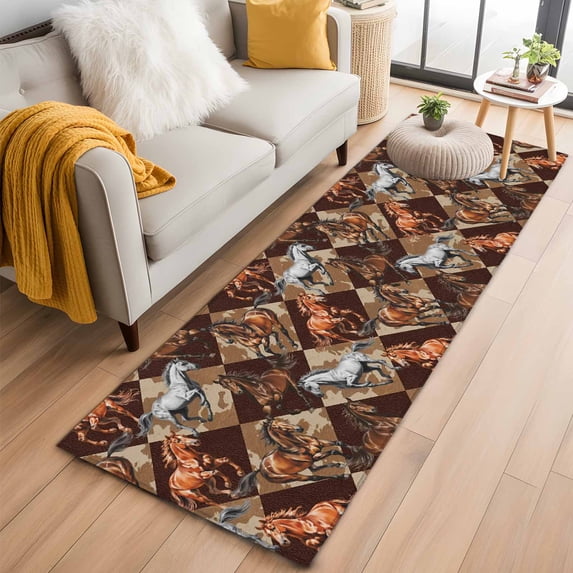 Runner Rugs 2x6 Ft, Vintage Gray Brown Horses Non Slip Area Rugs for Kitchen Bedroom Entryway, Farmhouse Plaid Country Animals Washable Carpet Runner Rug Floor Mats for Bedroom Home Decor
