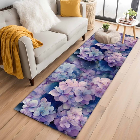 Runner Rugs 2x6 Ft, Vintage Hydrangea Non Slip Area Rugs for Kitchen Bedroom Entryway, Spring Purple Flowers Garden Plants Washable Carpet Runner Rug Floor Mats for Bedroom Home Decor