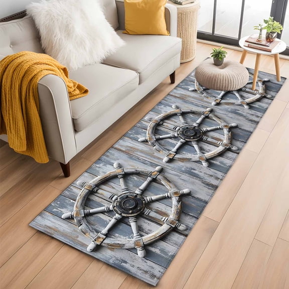 Runner Rugs 2x6 Ft, White Rudder Coastal Non Slip Area Rugs for Kitchen Bedroom Entryway, Summer Beach Retro Nautical Washable Carpet Runner Rug Floor Mats for Bedroom Home Decor