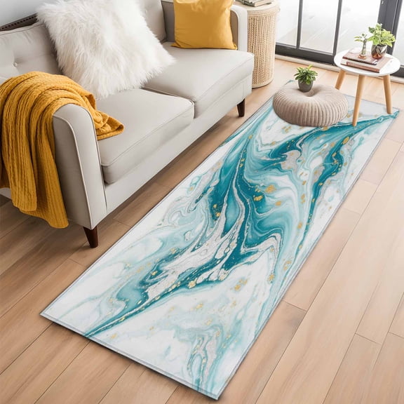 Runner Rugs 2x6 Ft, White Teal Marble Non Slip Area Rugs for Kitchen Bedroom Entryway, Modern Abstract Art Marble Fluid Washable Carpet Runner Rug Floor Mats for Bedroom Home Decor