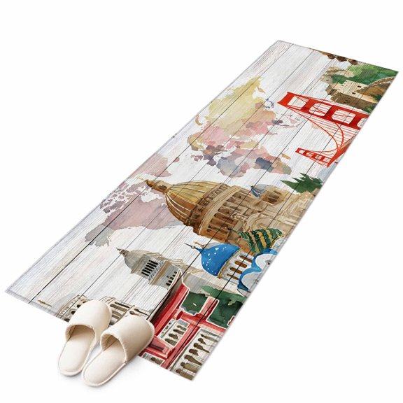 Runner Rugs 2x6 Ft, World Map Non Slip Area Rugs for Kitchen Bedroom Entryway, Country Famous Building Tourism Bridge Wooden Washable Carpet Runner Rug Floor Mats for Bedroom Home Decor
