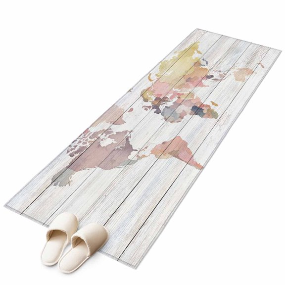 Runner Rugs 2x6 Ft, World Map Non Slip Area Rugs for Kitchen Bedroom Entryway, Farmhouse Abstract Illustration Wooden Grain Washable Carpet Runner Rug Floor Mats for Bedroom Home Decor