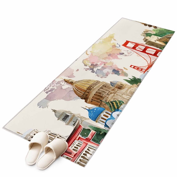 Runner Rugs 2x6 Ft, World Map Non Slip Area Rugs for Kitchen Bedroom Entryway, Farmhouse Famous Building Tourism Bridge Washable Carpet Runner Rug Floor Mats for Bedroom Home Decor
