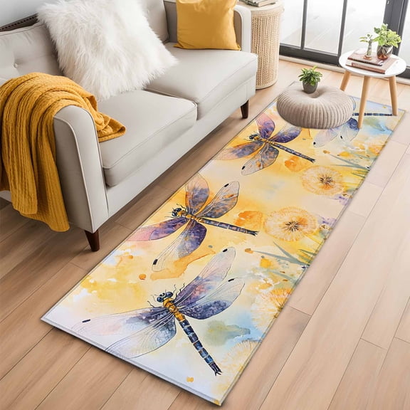 Runner Rugs 2x6 Ft, Yellow Dragonfly Spring Floral Non Slip Area Rugs for Kitchen Bedroom Entryway, Summer Botanical Washable Carpet Runner Rug Floor Mats for Bedroom Home Decor