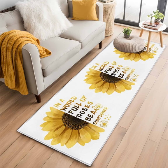 Runner Rugs 2x6 Ft, Yellow Sunflower Non Slip Area Rugs for Kitchen Bedroom Entryway, Floral Rustic White Quotes Washable Carpet Runner Rug Floor Mats for Bedroom Home Decor