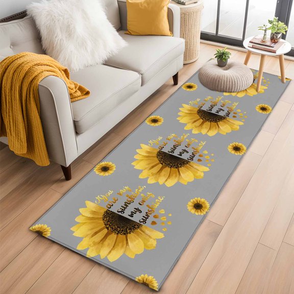 Runner Rugs 2x6 Ft, Yellow Sunflowers Non Slip Area Rugs for Kitchen Bedroom Entryway, Floral You Are My Sunshine Grey Quotes Washable Carpet Runner Rug Floor Mats for Bedroom Home Decor