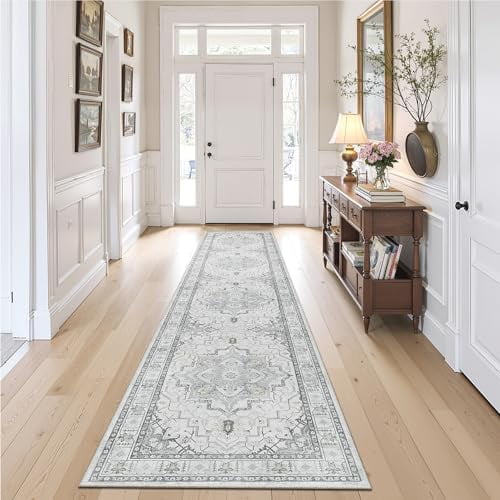 Runner Rugs for Hallway 2x10 Long Washable Non-Slip Hallway Runner Rug Low-Pile Stair Kitchen Runner Soft Throw Carpet for Entrance Living Dining Laundry Room (Grey, 2 x 10)