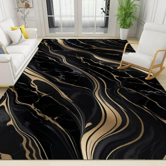 Runner Rugs Luxurious Silky Marble Fit Under Door Rugs For Entryway, Abstract Black Gold Ink Painting Kitchen Runner Rug Soft Non Slip Washable For Sink Entryway Hallways Indoor 2 x 3ft