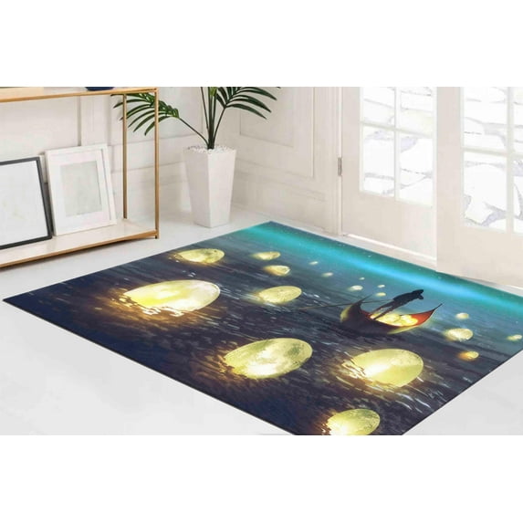 Runner Rugs, Modern Rugs, Gift Rug, Modern Rug, Thick Rug, Man and Boat Rug, Glowing Moon Painting Rug, Easy To Clean Rug, Girl Room Rug, 3.3'x5' - 100x150 cm