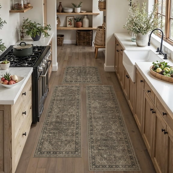 Runner Rugs Retro/Brown 20"x32"+20"x48"+20"x59" 3-Piece Set for Kitchen, Bathroom, Hallway, Entryway