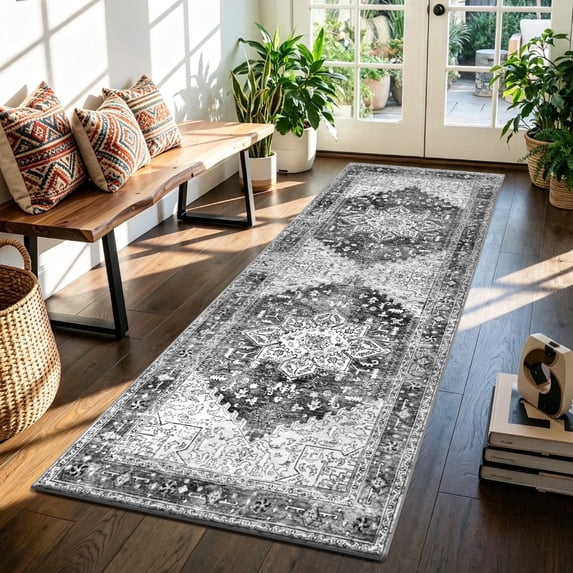 2'x6' Runner Rug for Hallway Floor, Yamaziot Rug Gray Carpet Runner with Rubber Backing, Washable Non Slip Vintage Mat for Bedroom, Laundry
