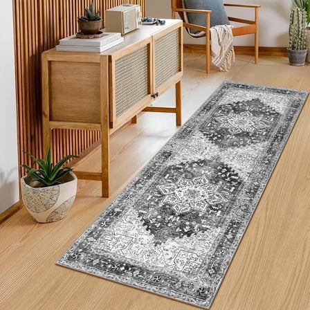 2'x6' Runner Rug for Hallway Floor, Yamaziot Rug Gray Carpet Runner with Rubber Backing, Washable Non Slip Vintage Mat for Bedroom, Laundry
