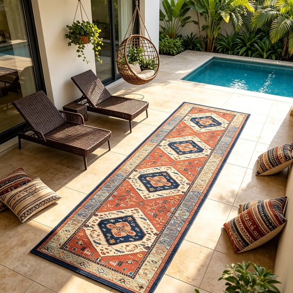 Washable Runner Rug 2.6' x 10', Non Slip Low Pile Hallway Kitchen Rug Runner, Soft Vintage Boho Indoor Entryway Rug, Rust & Navy, MOURZAORS