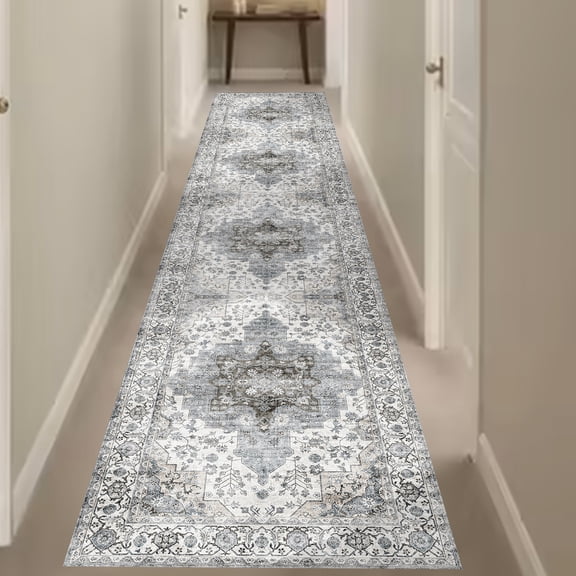 Runner Rugs for Hallway, 2.6x10 Washable Soft Non Slip Floor Rugs for Kitchen, Modern Mat for Living Room Bedroom Entryway White & Gray