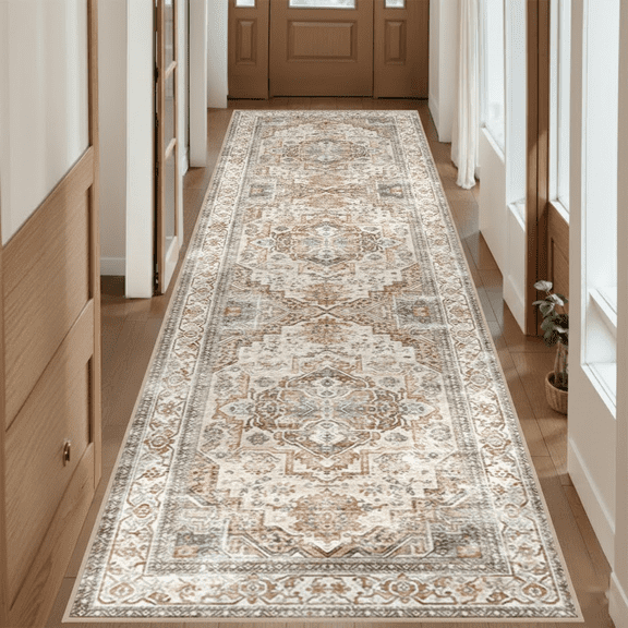 Runner Rugs for Hallway, 2.6x8 Washable Soft Non Slip Floor Rugs for Kitchen, Modern Mat for Living Room Bedroom Entryway Dark Plum&Peach