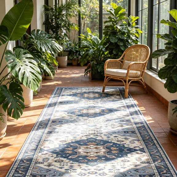 Washable Runner Rug 2'6" x 8', Non Slip Low Pile Hallway Kitchen Rug Runner, Soft Vintage Boho Indoor Entryway Rug, Navy Blue & Steel Blue, MOURZAORS