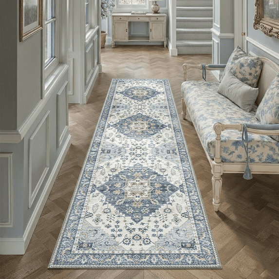 Runner Rugs for Hallway, 2.6x8 Washable Soft Non Slip Floor Rugs for Kitchen, Modern Mat for Living Room Bedroom Entryway Navy Blue&Steel Blue