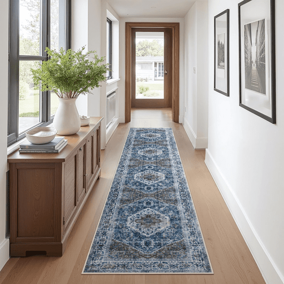 Runner Rugs for Hallway, 2x10 Washable Soft Non Slip Floor Rugs for Kitchen, Modern Mat for Living Room Bedroom Entryway Blue & Gray