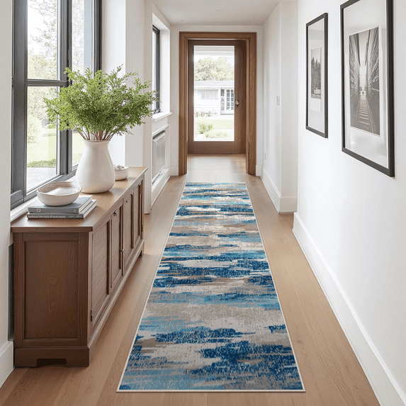 Runner Rugs for Hallway, 2x10 Washable Soft Non Slip Floor Rugs for Kitchen, Modern Mat for Living Room Bedroom Entryway Blue & Grey