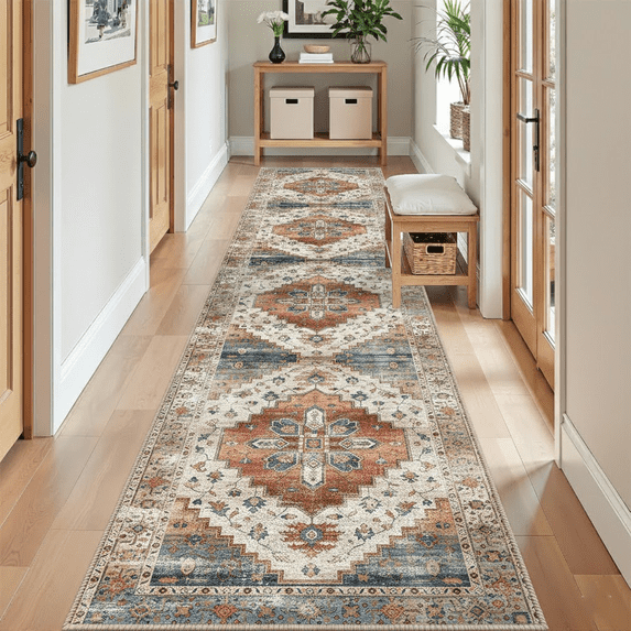 Washable Runner Rug 2" x 10', Non Slip Low Pile Hallway Kitchen Rug Runner, Soft Vintage Boho Indoor Entryway Rug, Dark Purple & Peach, MOURZAORS