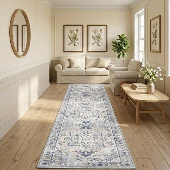 Washable Runner Rug 2X10 Ft Non Slip Cloud-Feel Softness Bohemian Distressed Grey & Navy Blue, MOURZAORS