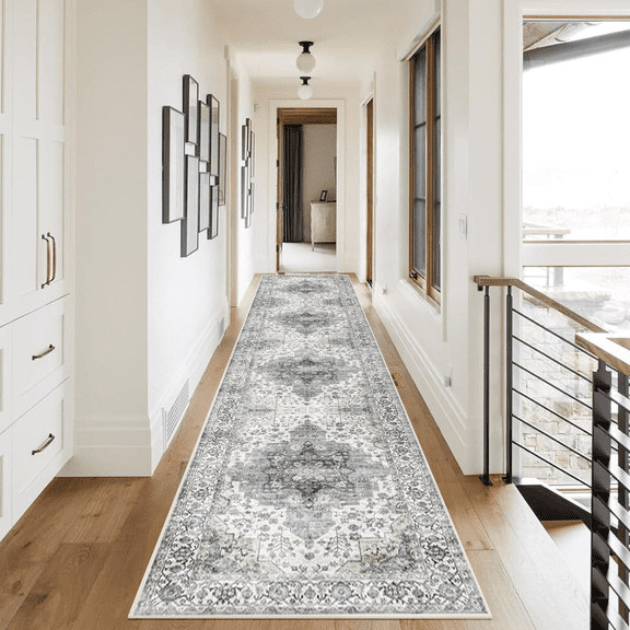 Runner Rugs for Hallway, 2x10 Washable Soft Non Slip Floor Rugs for Kitchen, Modern Mat for Living Room Bedroom Entryway White & Gray